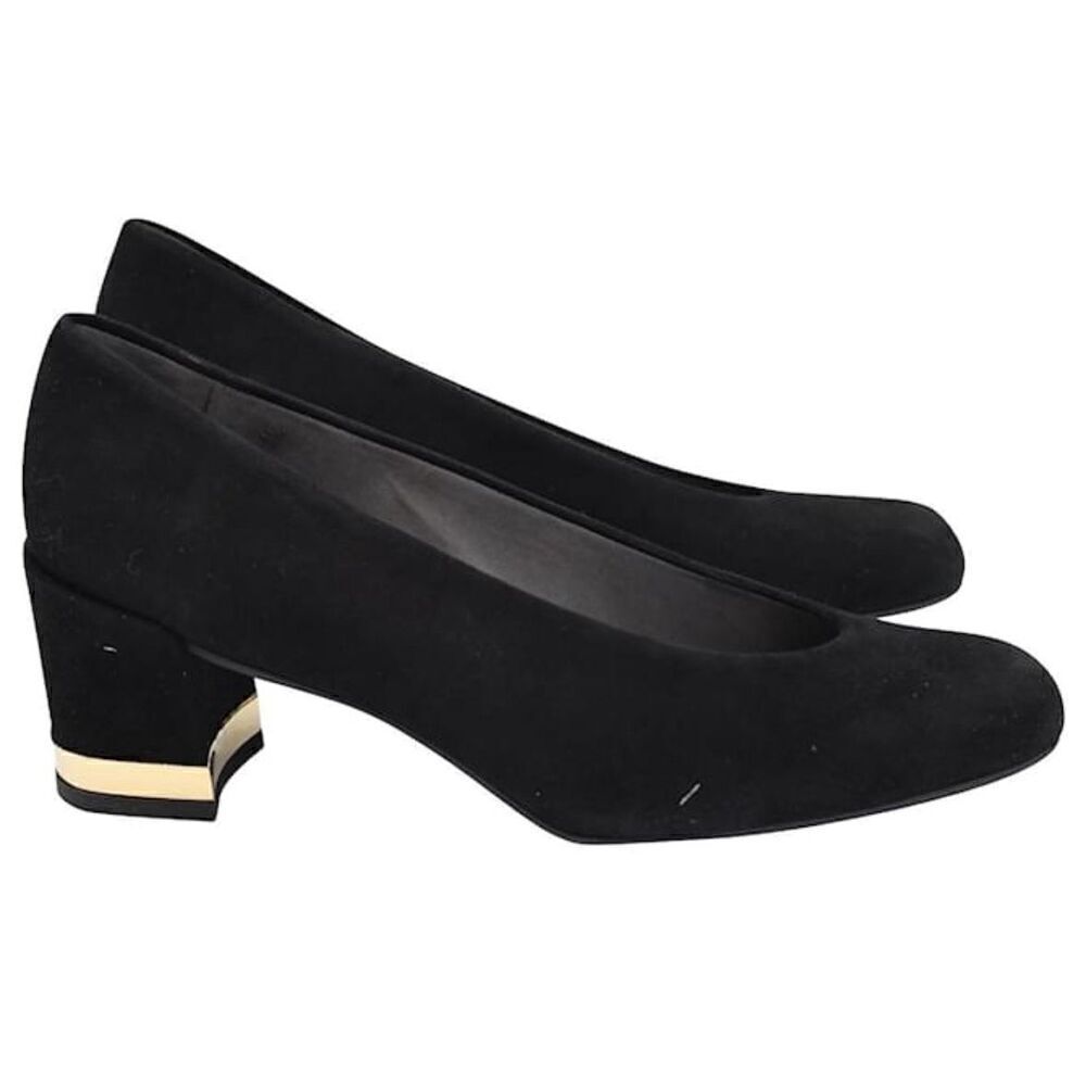 Stuart Weitzman Laney Suede Pumps Block Heel withGold Accent in Black NWOB Size